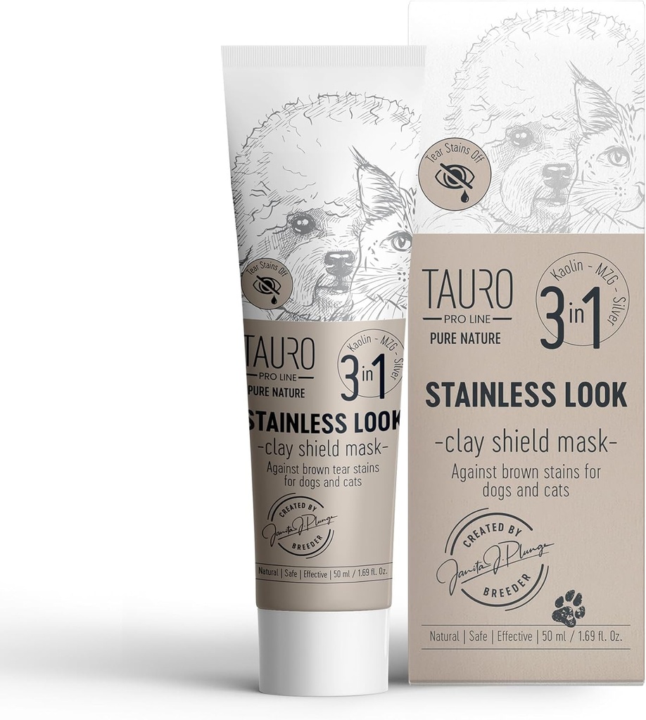 Tauro Pro Line Clay Tear Stain Remover for hunder - Skjoldmaske for øyne, ører, munn, gentle Grooming Produkt for hunder, valp & katt (Stainless look - 1,69 fl Oz)