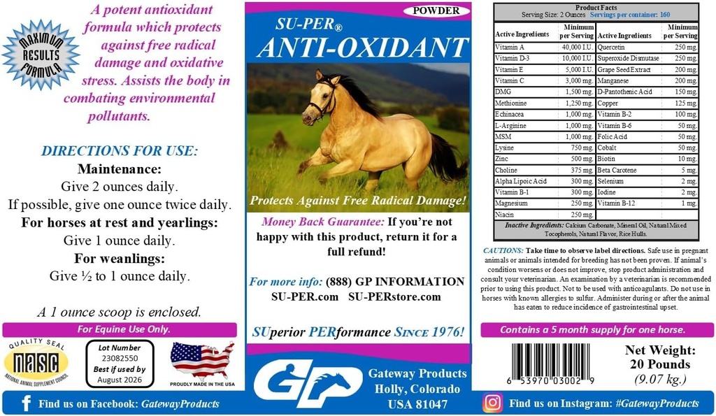 SU-PER Anti-Oksydant Supplement for hester - Equine Vitaminer og essensielle Antioksidant Support - Bekjemper miljømessige Pollutanter og oksidativ stress - 20 pund, 5 måneders forsyning