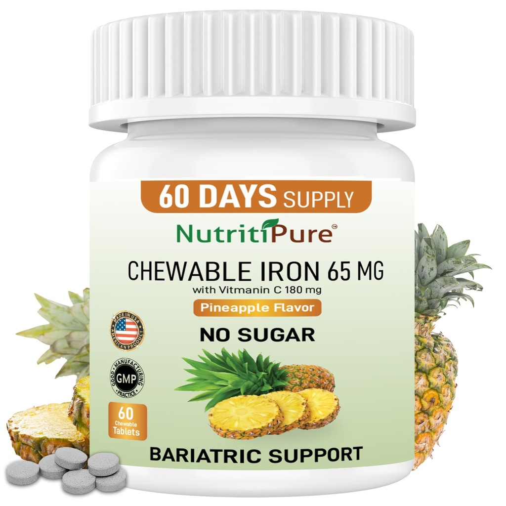 Chewable Iron Carbonyl 65 mg med vitamin C 180 mg (for kvinner/menn) - Tablett i Pineapple Flavor 60 greve (1)