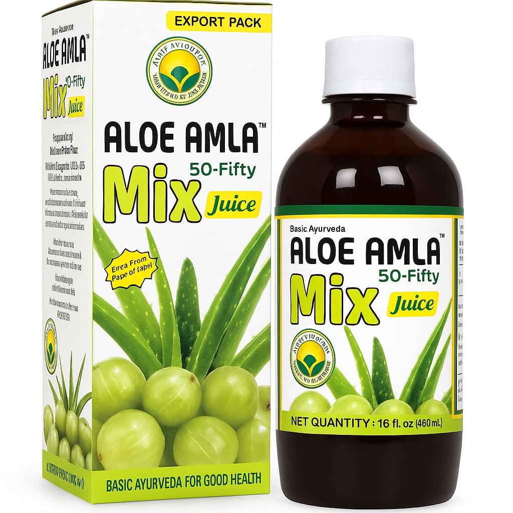 Basic Ayurveda Aloe Amla Mix Juice | Blanding av Aloe Vera & Amla Frukt | Første trykk Jomfru Juice | Plantebasert daglig drikke | Vegan & ikke-GMO | 16,23 Fl Oz (Pack of 2)