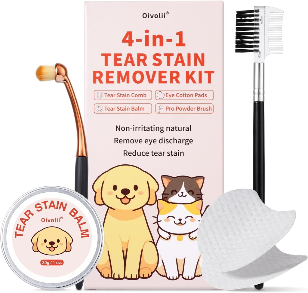 Tear Stain Remover Kit for hunder og katter med Tear Stain Comb, Tear Stain Balm, Øye Cotton Pads, Pro pulverbørste forsiktig fjerne Tear Stain, Øye Debras, Utladelse, Mucus Secretions