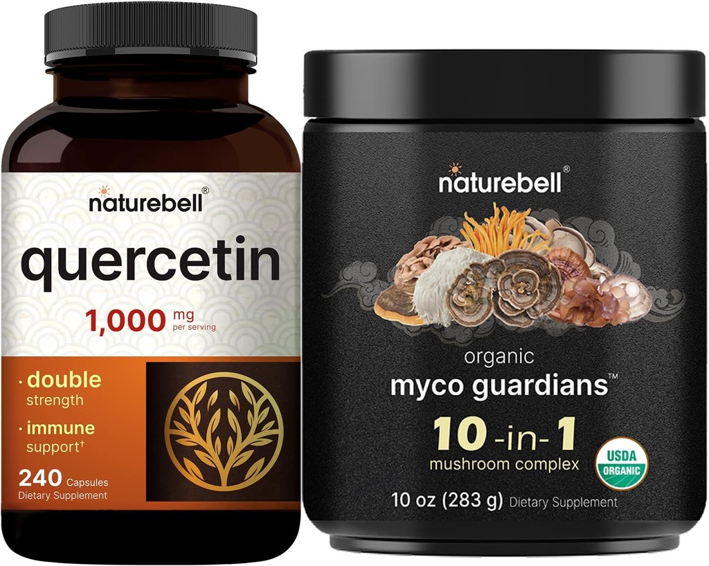 NatureBell Quercetin 1000mg Per Serving & 10 i 1 Mushroom pulver, 10oz Bundle pakke | Ultra styrke Quercetin Supplement | Immun Booster & Brain Helse støtte