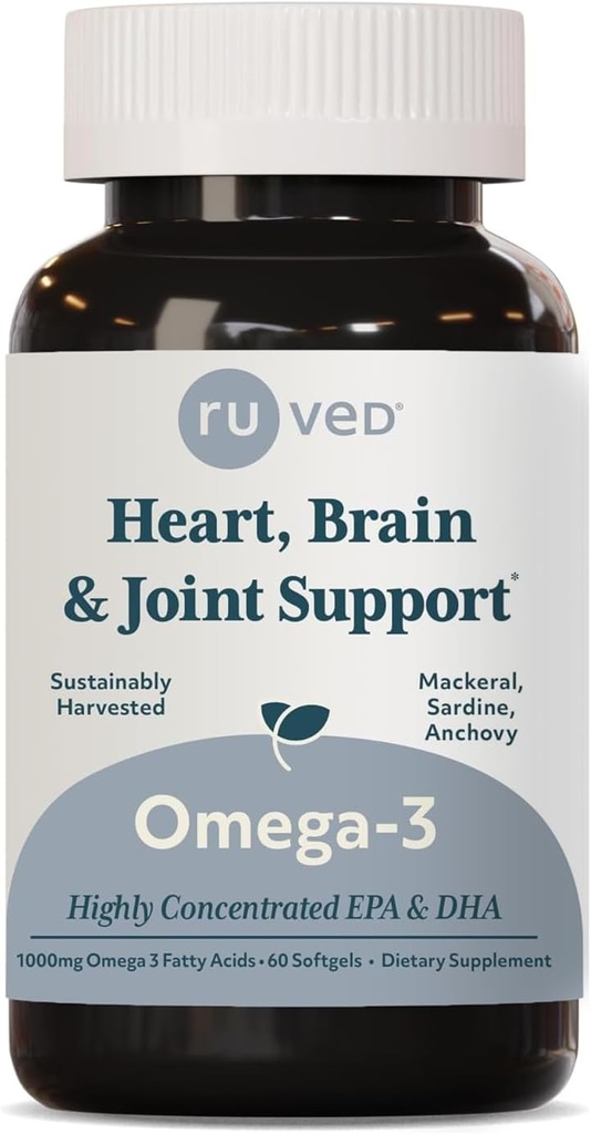 ruved Omega-3 - Omega 3 Fish Oil, 1000mg per kapsel, EPA & DHA Fish Oil Supplement for kvinner og menn, hjerte, hjerne, og felles støtte - 60 Softgel kapsler (1 greve)