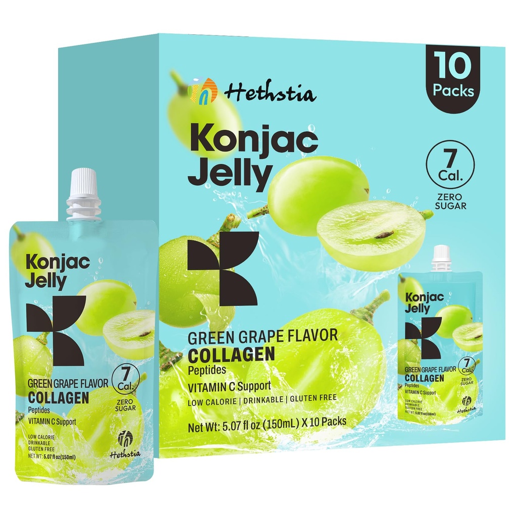 Hetstia Konjac Jelly Grønn Grape Flavor, 10 Pouches, Drikkebar Grape Jelly med Collagen Peptides, 7 Kcal, Sukkerfri, Glutenfri, Keto, Vegan, On-The-Go Chewy Light Snacks
