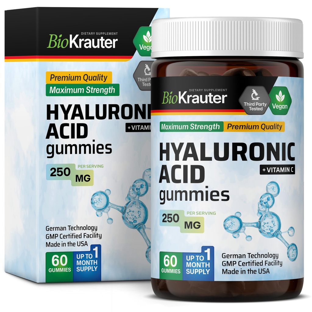 BIO KRAUTER Hyaluronsyre Gummies w/Vitamin C - 250 mg - 60 Vegan Chews - Hyaluronsyre Kosttilskudd - Pectin-basert