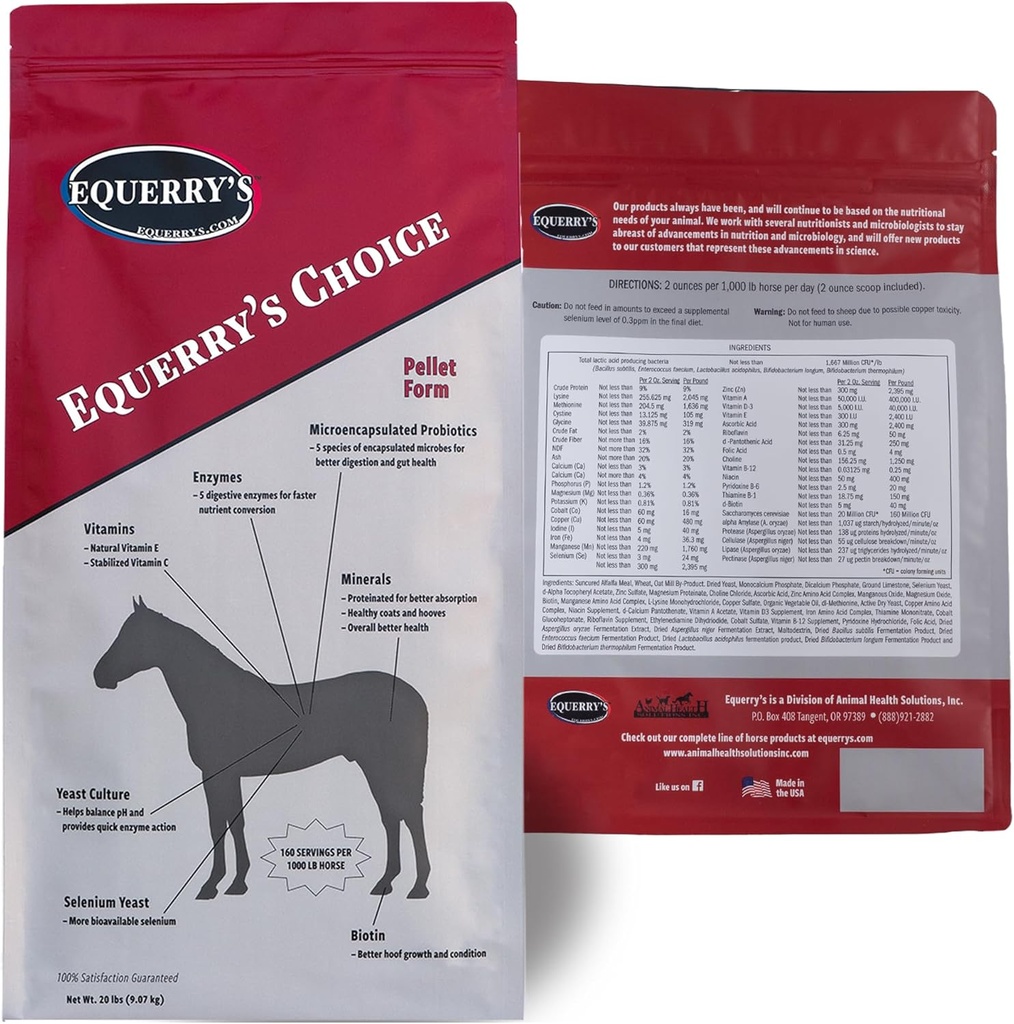 Equerry's Choice Horse Pellets - Komplett ernæringstilskudd | Digestive Enzymer | Chelated Vitaminer og Mineraler | Horse Supplements | 20 lb