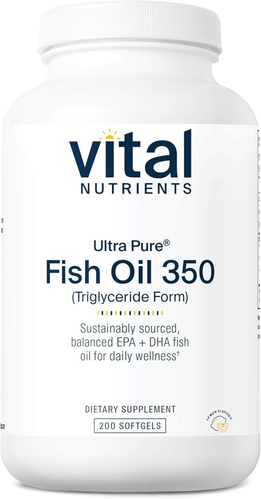 Vitale næringsstoffer Ultra Pure® Fish Oil 350 | Støtter hjerte, hjerne, og immun helse* | Bevarbar EPA & DHA Omega-3 Fatty Acid | Lemon Flavor | Gluten, Dairy, Soya Gratis | 200 Softgels