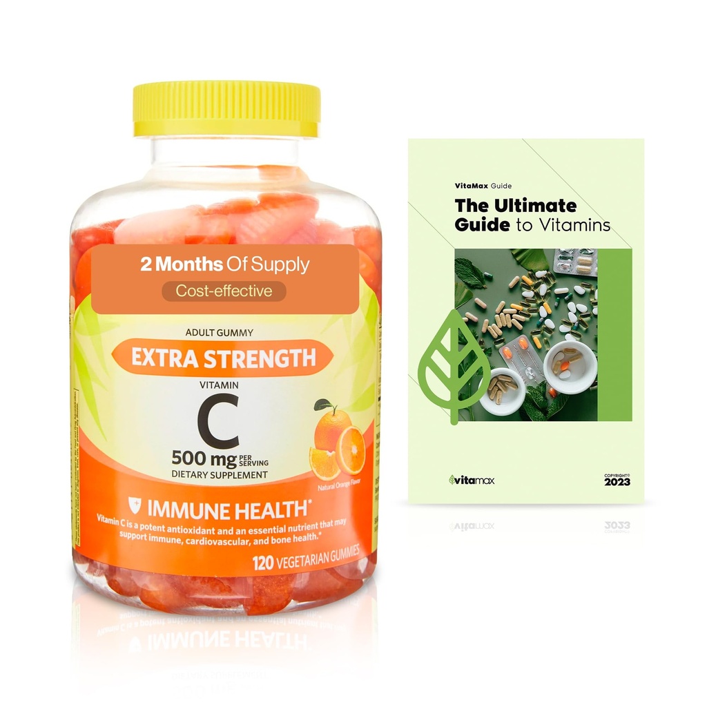 Spring Valley Extra styrke Vitamin C Immune Helse Kosttilskudd Vegetariske gummier, Orange, 500 mg, 120 greve + Exclusive VitaMax Vitamin Guide (2 elementer)