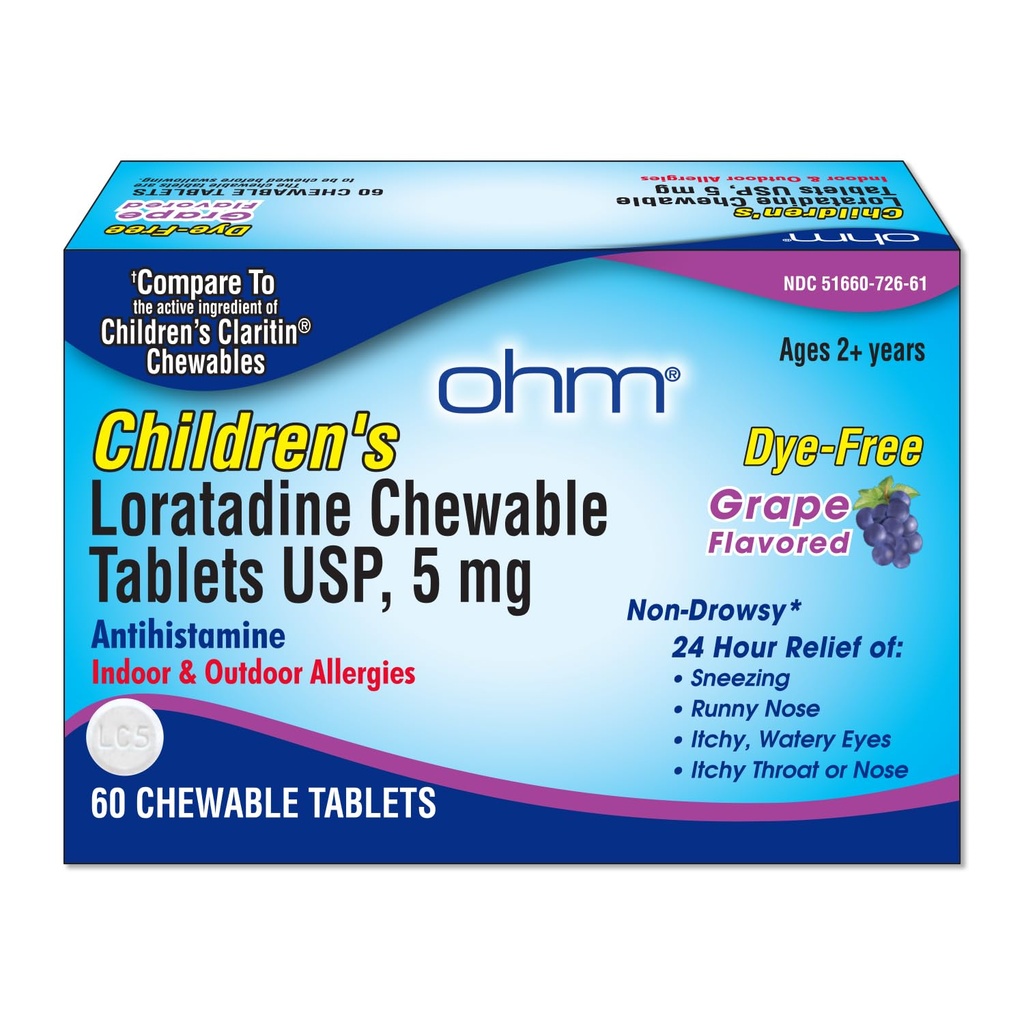 Ohm Barns Loratadin Chewable Tabletter, Dye Free, Grape, Ikke-Drowsy 24h Relief av Sneezing, Runny Nese, Kylkende Vannaktige Øye, Throat eller Nese, Antihistaminer, Innendørs og Utendørs Allergier, 5 mg, 60 tabletter