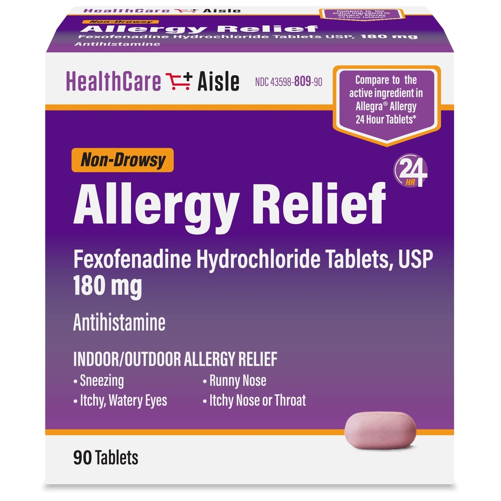 HealthCareAisle Allergy Relief - Fexofenadin Hydroklorid tabletter USP, 180 mg, 90 tabletter, Allergi medisinering, Ikke-Drowsy 24-timers relief