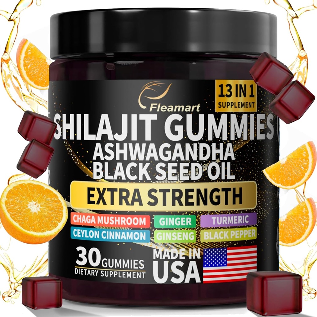 Shilajit Gummies, Shilajit ren Himalayan Gummies med Ashwagandha, Svart Seed Oil, Sugar Free Shilajit Gummies for menn og kvinner, 30 greve, Orange Flavor