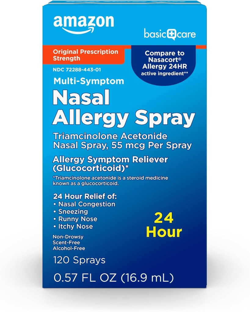 Basic Care 24 timers Allergi Nasal Spray, Triamcinolone Acetonide 55 mg per spray, Allergi medisin, Ikke-Drowsy, 0,57 fl oz (Pack of 1)