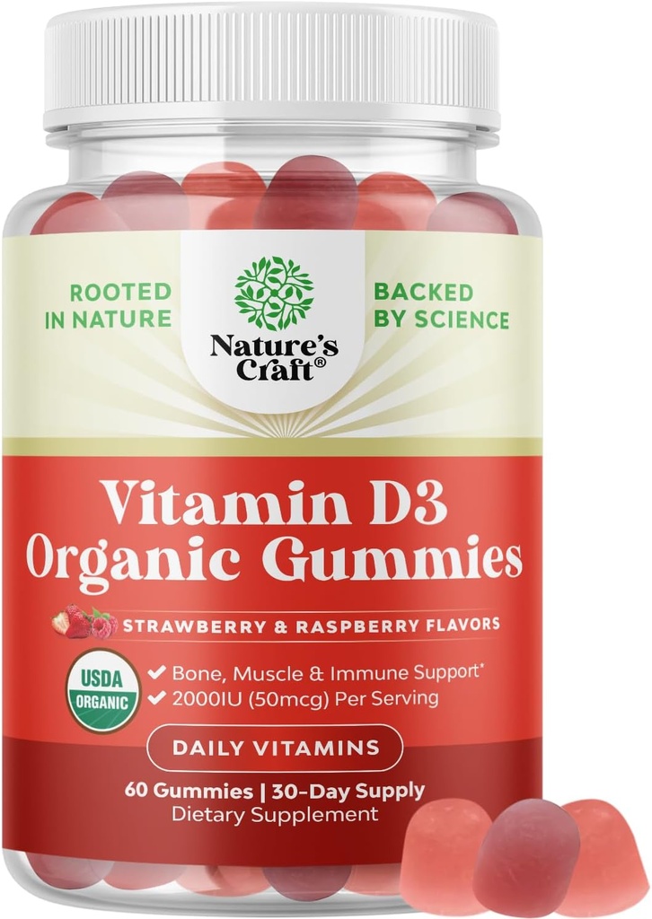 Organisk vitamin D3 Gummies for kvinner og menn - Vitamin D Gummies 2000IU per servering for bein helse, muskler og immun støtte - ikke-GMO Supplement for voksne - Gelatin & glutenfri - 60 Gums