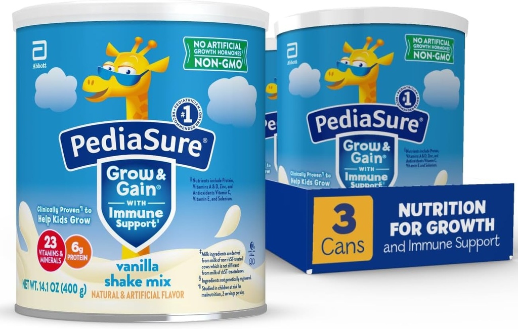 PediaSecure Grow & Gain with Immune Support Shake Mix Powder, 23 Vitaminer & Minerals, 6g Protein, Ikke-GMO, Glutenfri, Vanilla, 14,1 oz Can, Pakke 3-24 porsjoner