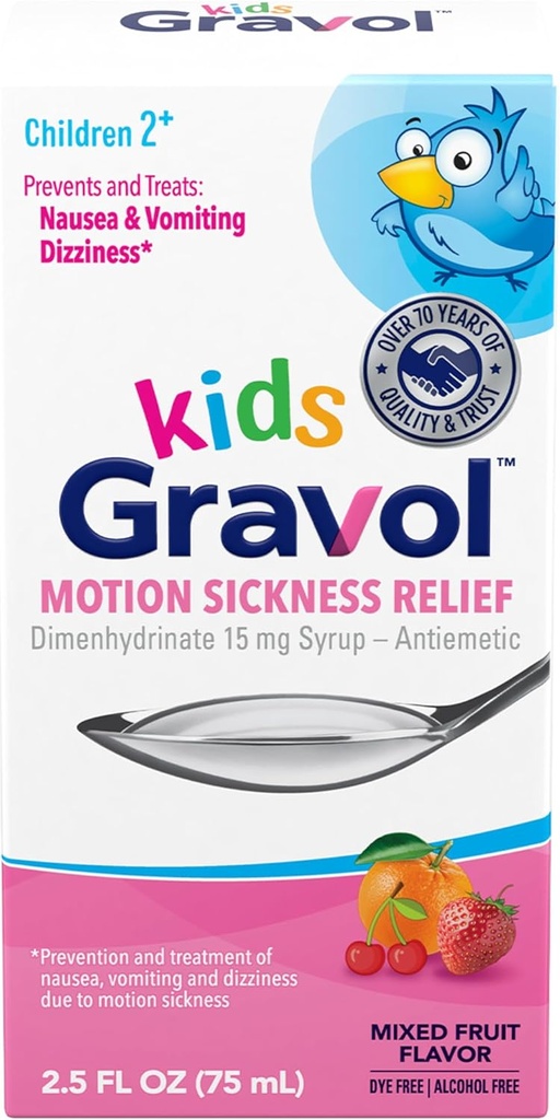 Gravol Kids væske for bevegelsessykhet lindring og hemm forebygging, 2,5 fl oz (75 ml)
