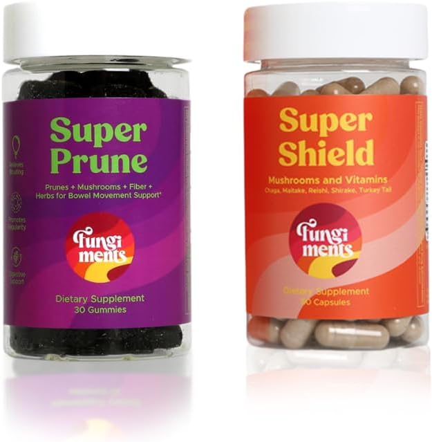Fungimenter Mushroom Supplements, Digestion/Immunity Bundle, Super Prune 30 Count Gummies + Super Shield 60 Count Capsules