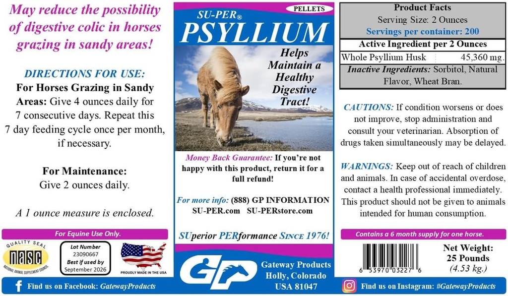SU-PER Psyllium Pellets Equine Supplement - opprettholder sunne Digestive Tract i hester - støtter fjerning av sand og dirt fra intestinal Tract - 25 pund, 6 måneders forsyning