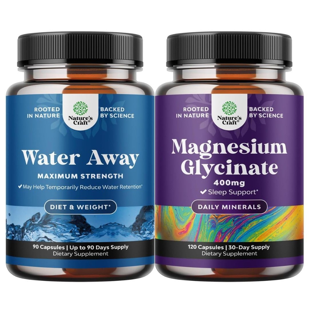Bundle of Water Away Pills Maksimal styrke - Herbal Diuretiske piller for vannoppbevaring for rask fungerende blooting relief og ren magnesium Glycinate 400mg Per servering for Mood Sleep and Relaxation