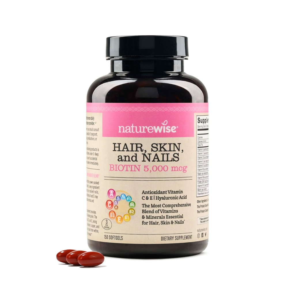 NatureWise Håret og neglene vitamin, Biotin 5000mcg w/Hyaluronsyre, kollagen for kvinner med C, B kompleks, D3, A, E, jern - ikke-GMO, Glutenfri - 150 Softgels[50-dagers forsyning]