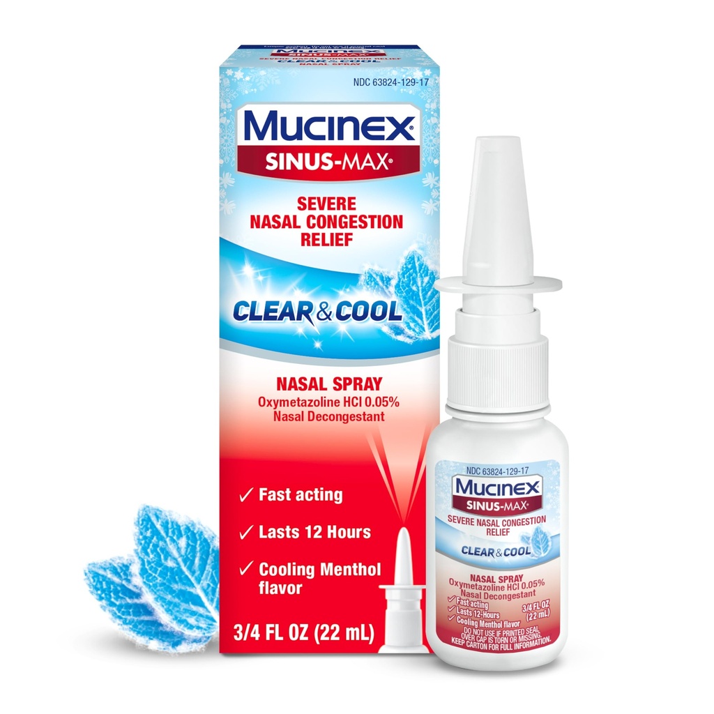 Mucinex Sinus-Max Nasal Spray Decongestant, 12 timer over-the-Counter Medisin Nose Spray for Sinus Relief, Nasal Decongestants for voksne og sinus Congestion, kjøling Menthol, 0,75 Fl Oz