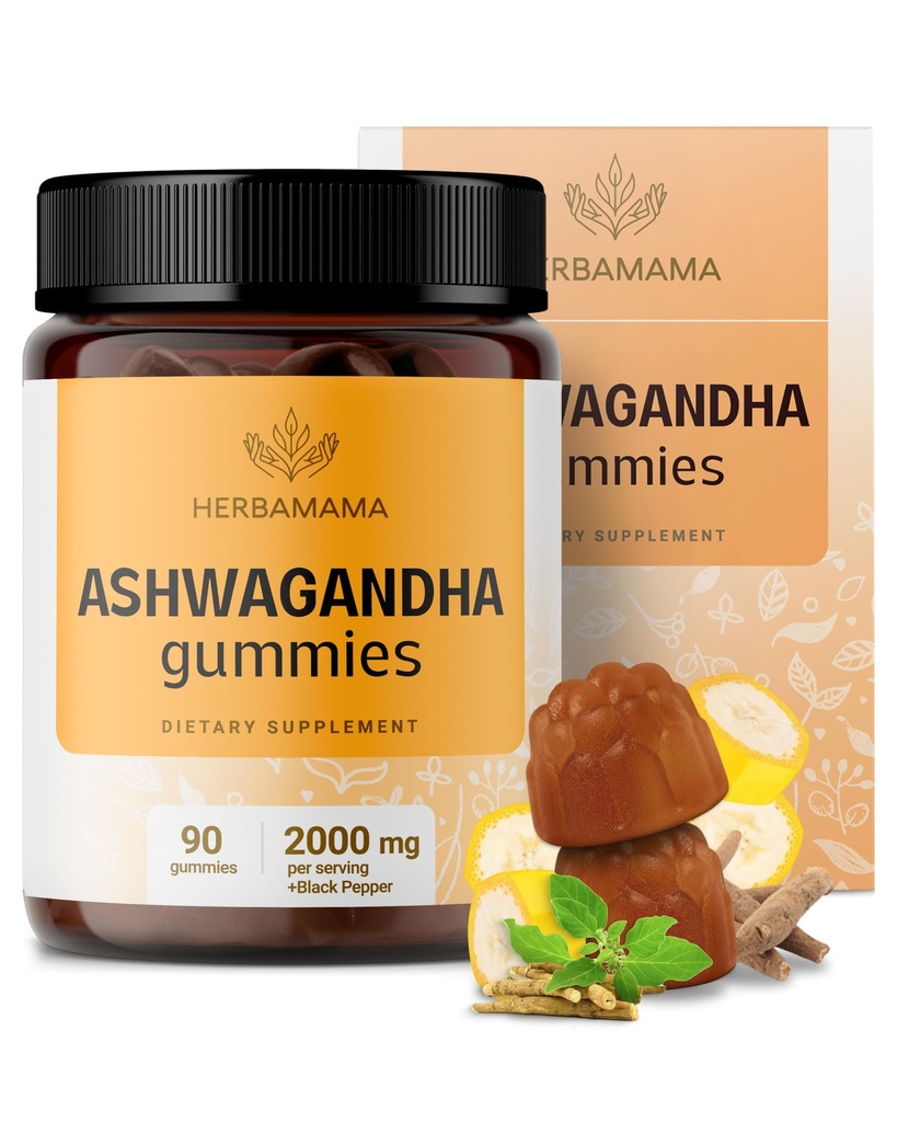 HERBAMAMA Ashwagandha Gummies - 2000mg Pure Ashwagandha Root med svart pepper for rolig og mood støtte - Vegansk, ikke-GMO beroligende kosttilskudd for voksne - 90 Pectin-baserte banan-flavored Chews