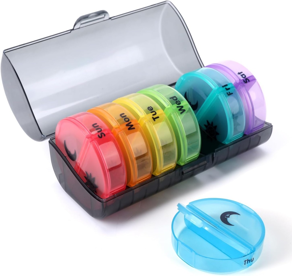 Ukens pilleorganisator 2 ganger om dagen, reisepilleboks 7 dag, PM to ganger om dagen pille tilfelle, bærbare daglige vitaminorganisatorer for medisinering, vitaminer, fiskeolje, kosttilskudd (Multi-Color)