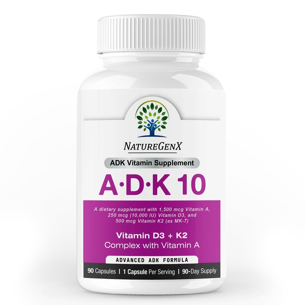 ADK10 – ADK vitamin Supplement | Høy potens vitaminer A, D3 (10 000 IE) & K2 MK-7 for bein, hjerte og immun helse | 90 Tiny Kapsler | 3 måneders forsyning | Ikke-GMO, Glutenfri