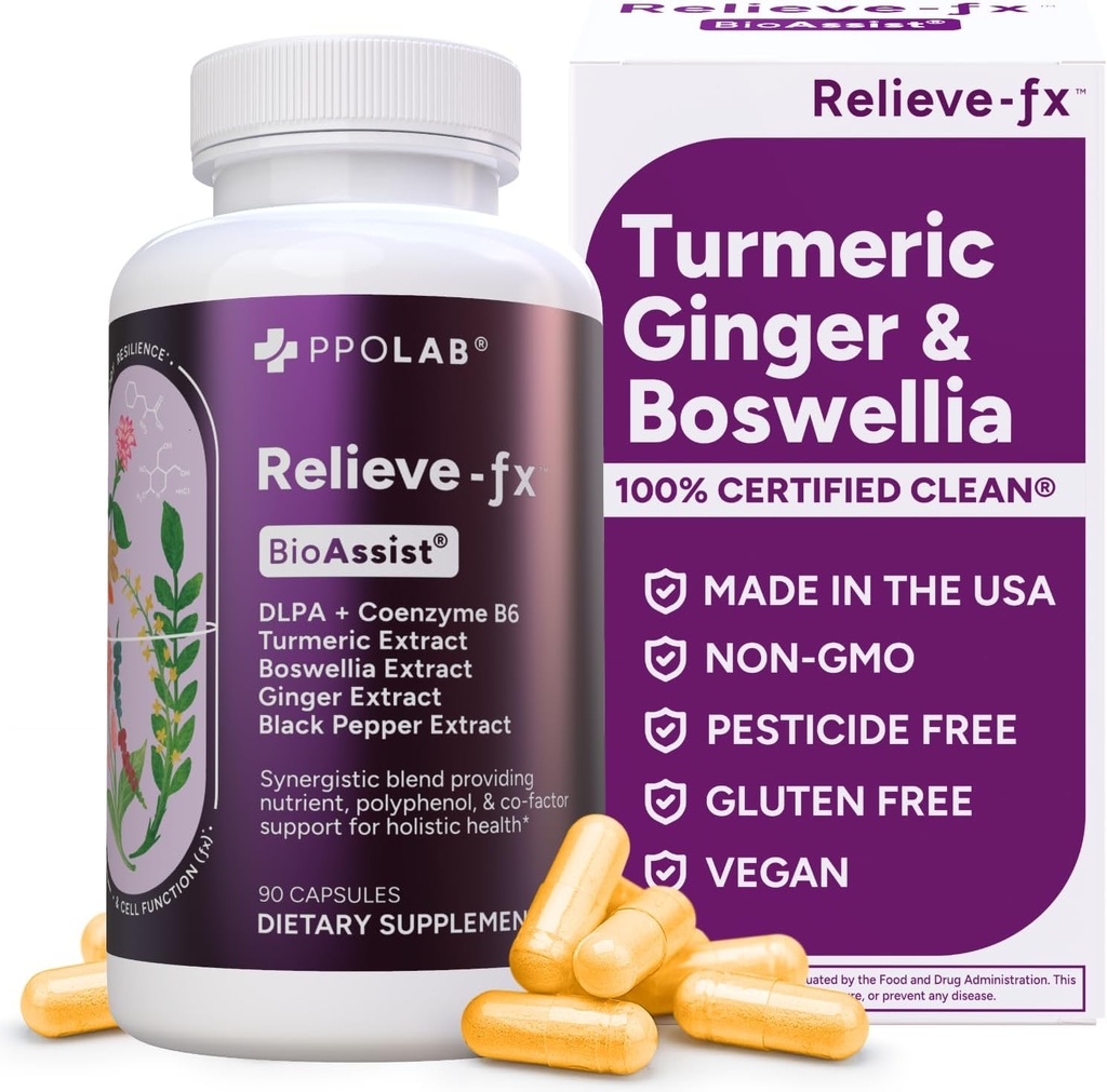 Relieve-fxTM DLPA Boswellia Turmeric og Ginger Supplement, Stress Relief, Hjerte, Digestion, Muscle Cramp, Felles, Inflammasjons Helse, Vitamin B6 P5P, Boswellic Acid, Curcumin med Black Pepper - 90ct