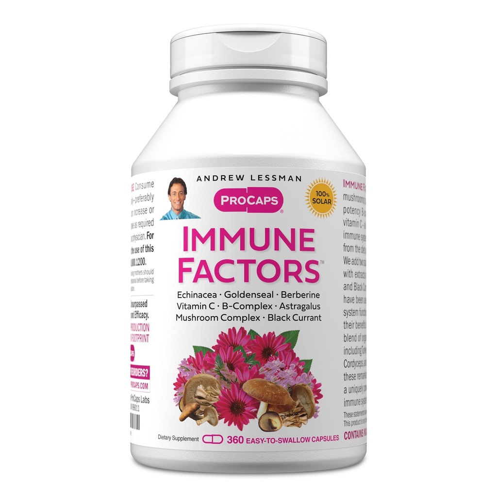 ANDREW LESSMAN Immune Factors 360 Kapsler - Echinacea, GoldenSeal, Vitamin C, Astragalus, Berberine, Mushroom Blend, Black Currant. Støtter og fremmer immunsystem og naturvern