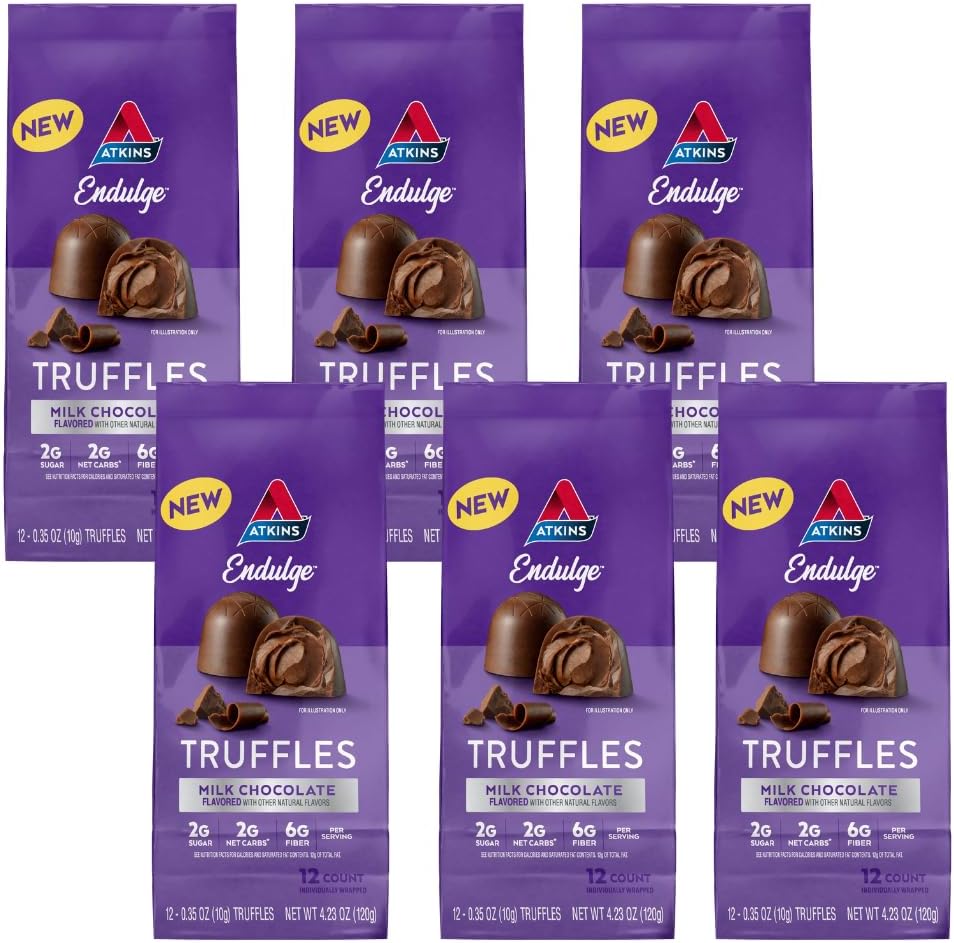 Atkins endulge melk sjokolade truffler, lav sukker, lav karbohydrat, keto vennlig, 6 pakke (12 truffler hver pakke)