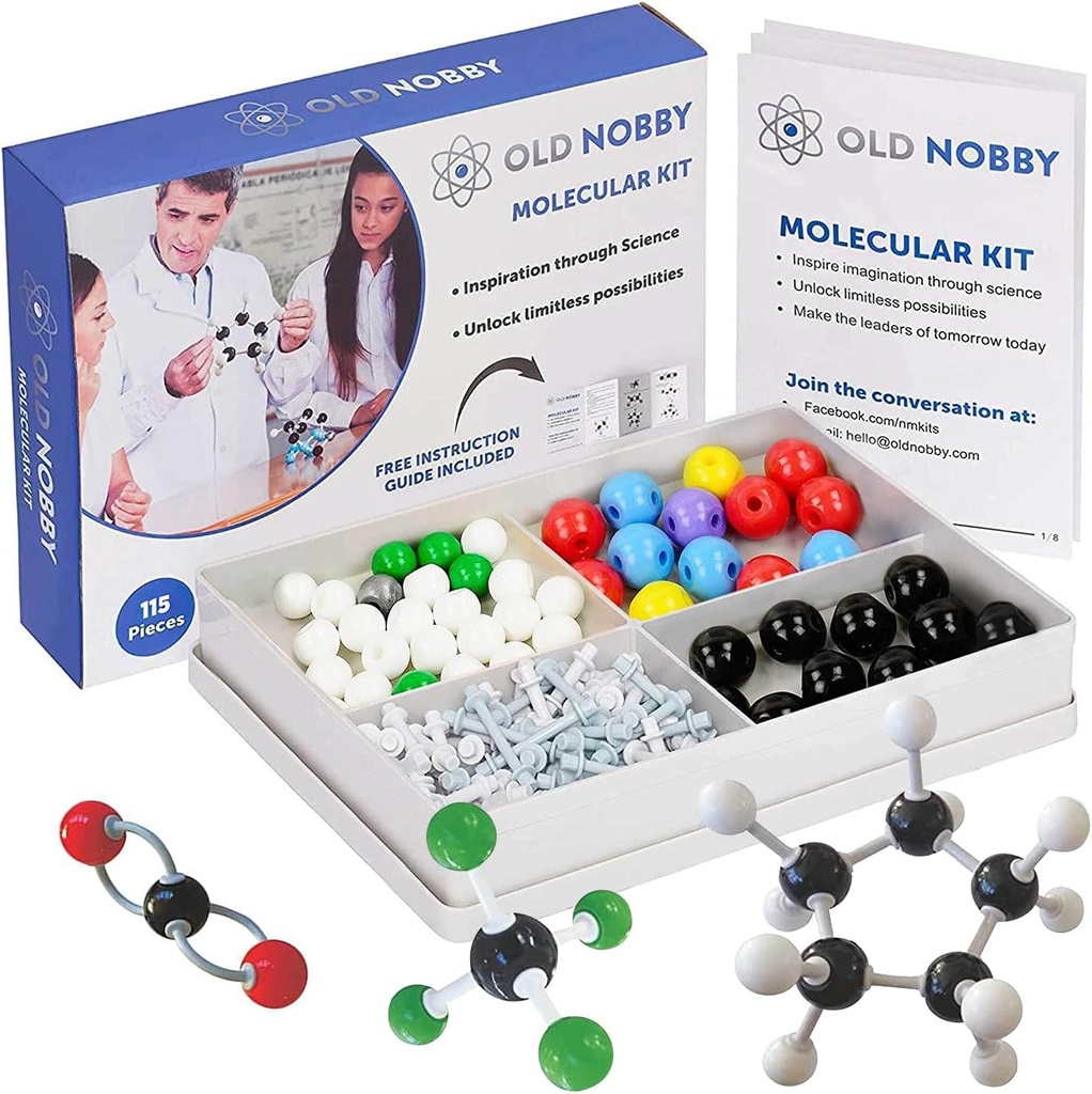 Old Nobby Chemistry Model Kit - 115 Piece Molekylær modell sett inkluderer atomer, bindinger, instruksjonsguide - STEM Science Tool for studenter, organisk kjemi, molekylær læring - Fargerike modeller