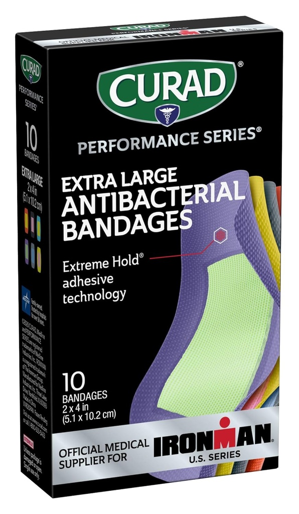 CURAD Performance Series IRONMAN Antibakterielle bånd, Ekstrem Hold Adhesive Technology, Ekstra store fleksible Fabric Bandages for Cuts, Scrapes, & Burns, Assorterte farger, 2 x 4 tommer, 10 greve
