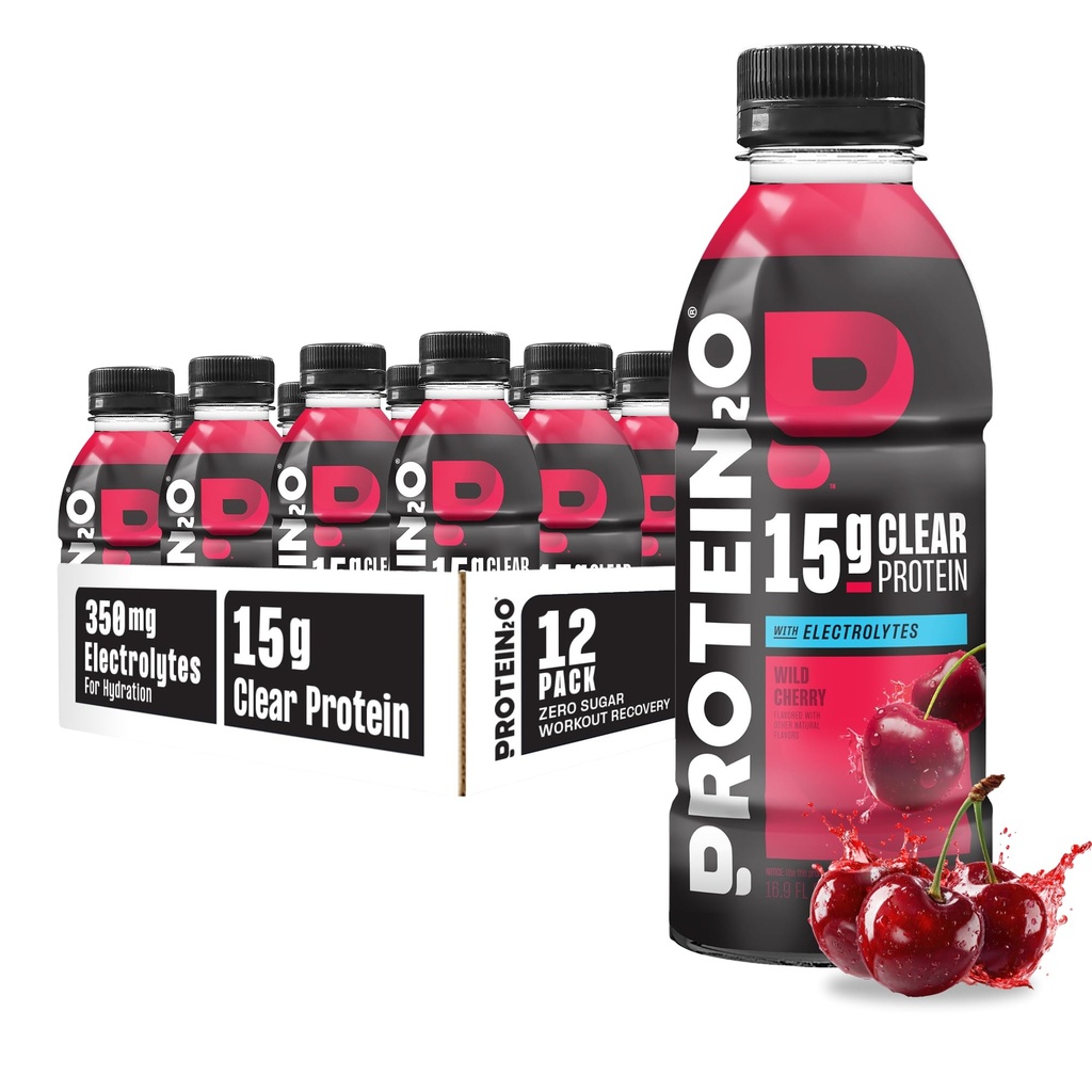 Protein2o Hydration Drink - 2-i-1 Flytende Clear Whey Protein Isolate og Electrolyte Drink - 15g Protein, vitaminer B5, B6 - Post-Workout Recovery - 16,9 Fl Oz - 12 Count Wild Cherry
