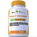 Høy dose ekstra styrke 1200 mg vitamin C + sink kompleks for immunstøtte helse 120 kapsler 2 måneders forsyning Veggie kapsel ikke-GMO Glutenfri Vegan