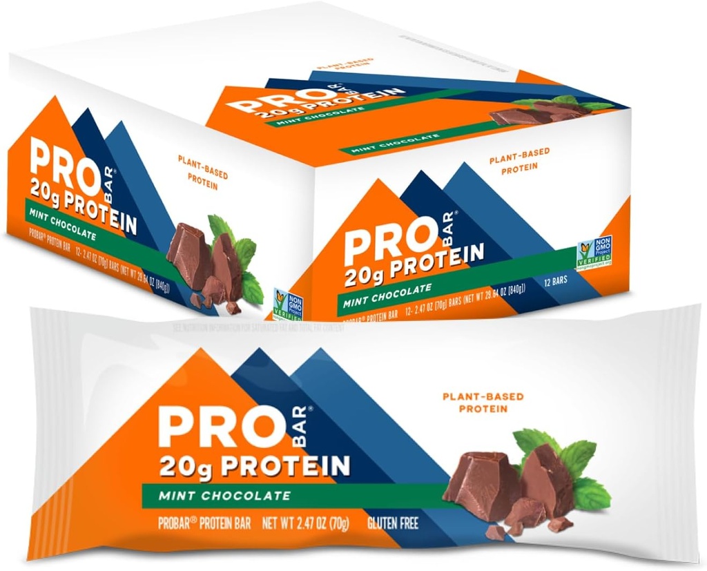 PROBAR - PROTEIN Bar, Mint sjokolade, ikke-GMO, Glutenfri, Sunn, Plantebasert, Hel-Food Ingredienser, Naturlig energi (12 count)