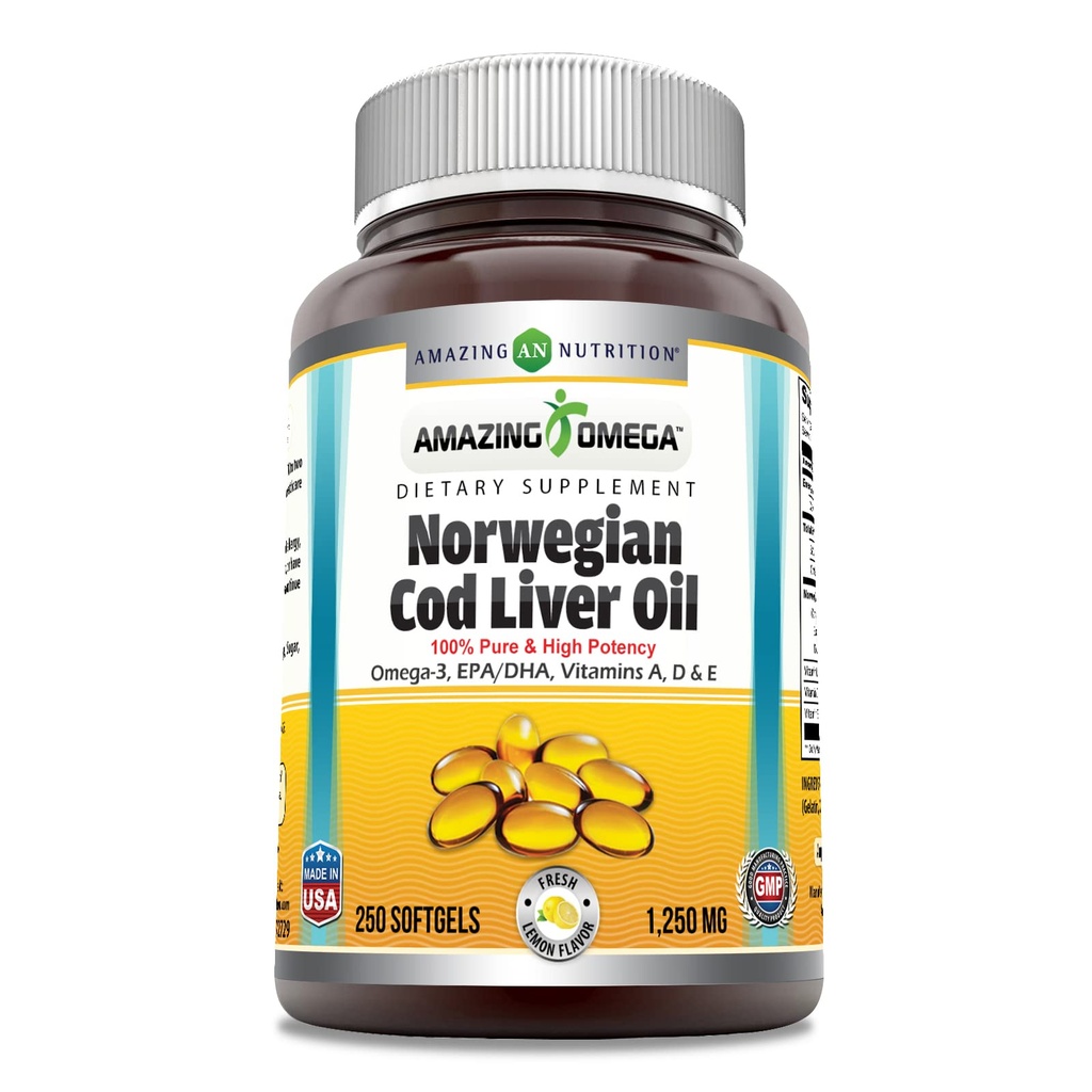 Amazing Omega Norsk Cod Liver Oil 1250 Mg Softgels Supplement | Omega-3, EPA, DHA, vitamin A, vitamin D & vitamin E (Orange | 250 Count)