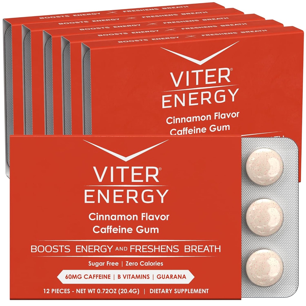 Viter Energi Koffeinert Gum 60mg Koffein, B-vitaminer, Guarana, Sukkerfri. (Cinnamon, 12pcs, 6 Pack)