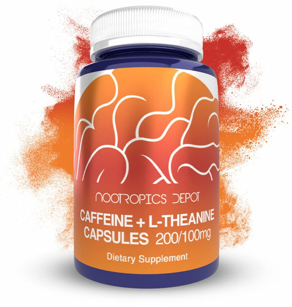 Nootropics Depot Caffein og L-Theanine Capsules | 60 greve | Inneholder 200 mg koffein og 100 mg L-theanine | Naturlig kosttilskudd | Energy Booster | Mental Focus + Alarmness | Kaffe Alternativ