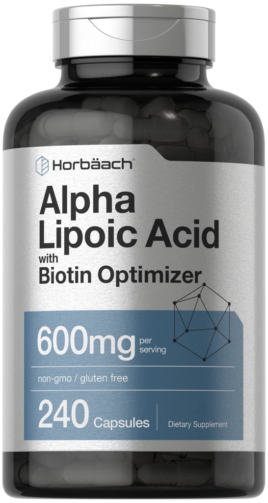 Horbäach Alpha Lipoic Acid 600 mg | 240 kapsler | med Biotin Optimizer | Ikke-GMO og Glutenfri Supplement