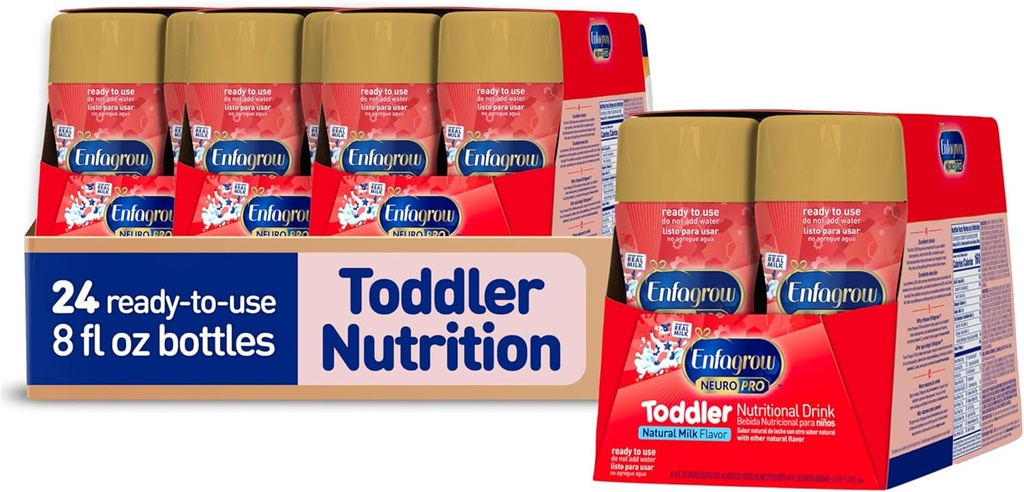 Enfagrow NeuroPro Toddler Ernæringsdrink, laget med ekte melk, Brain-building Omega-3 DHA, Næringsstoffer for vekst og immunstøtte, ikke-GMO, klar til bruk, 8 fl Oz (24 flasker)