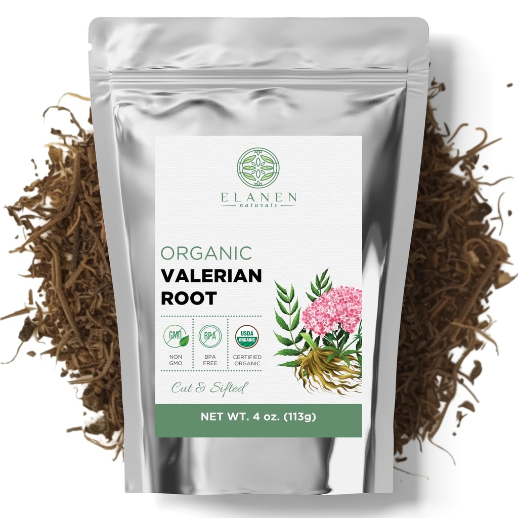 Elanen Naturals Organic Valerian Root 4 oz. (113g), USDA sertifisert Organic Valerian Root Herb Tea, Te De Valeriana Para Dormir, Valarian Officinalis Hele Loose Leaf, Cut & Sifted