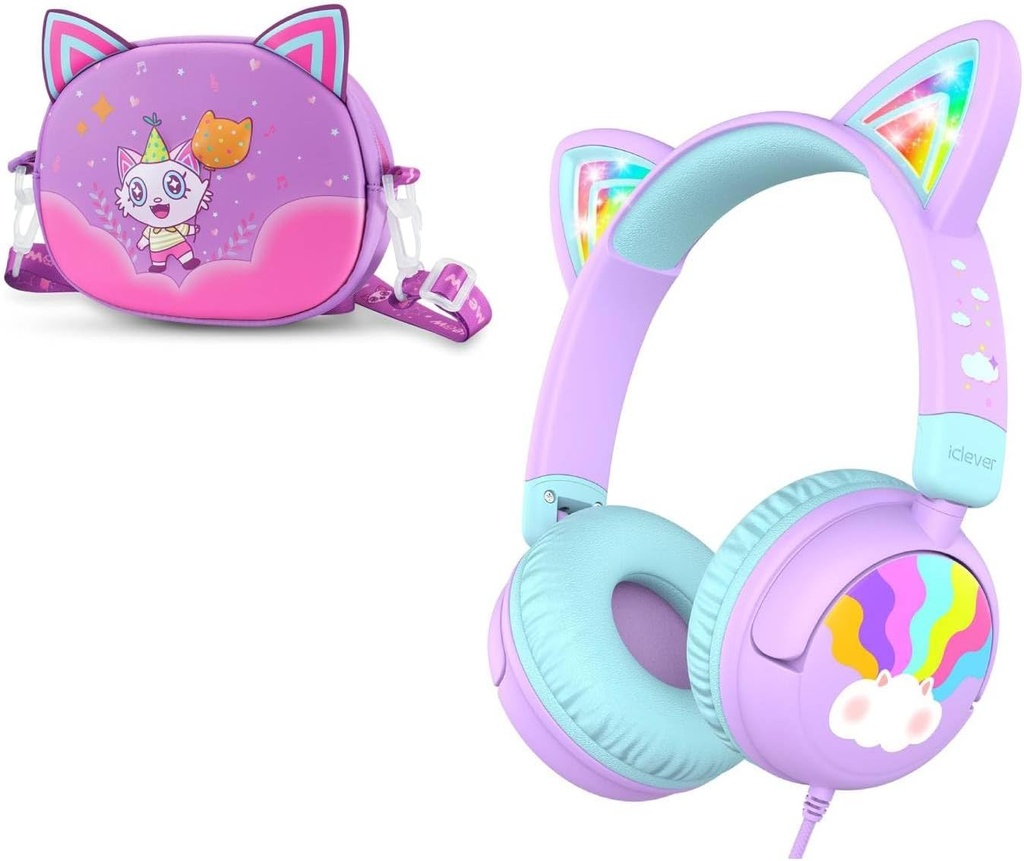 iClever Wired Kids Hodetelefoner Katt Ear Meow Lollipop & Hodetelefoner Case Bundles