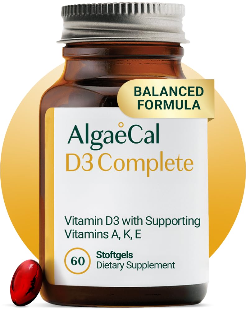 ALGAECAL 4-i-1 vitamin D3 K2 Complete - ADK Vitamin Supplement, forbedret immunstøtte og bein helse med D3 K2, A, & E - hele kroppens velvære og bein styrke, 60 Easy-Swallow Softgels, laget i USA