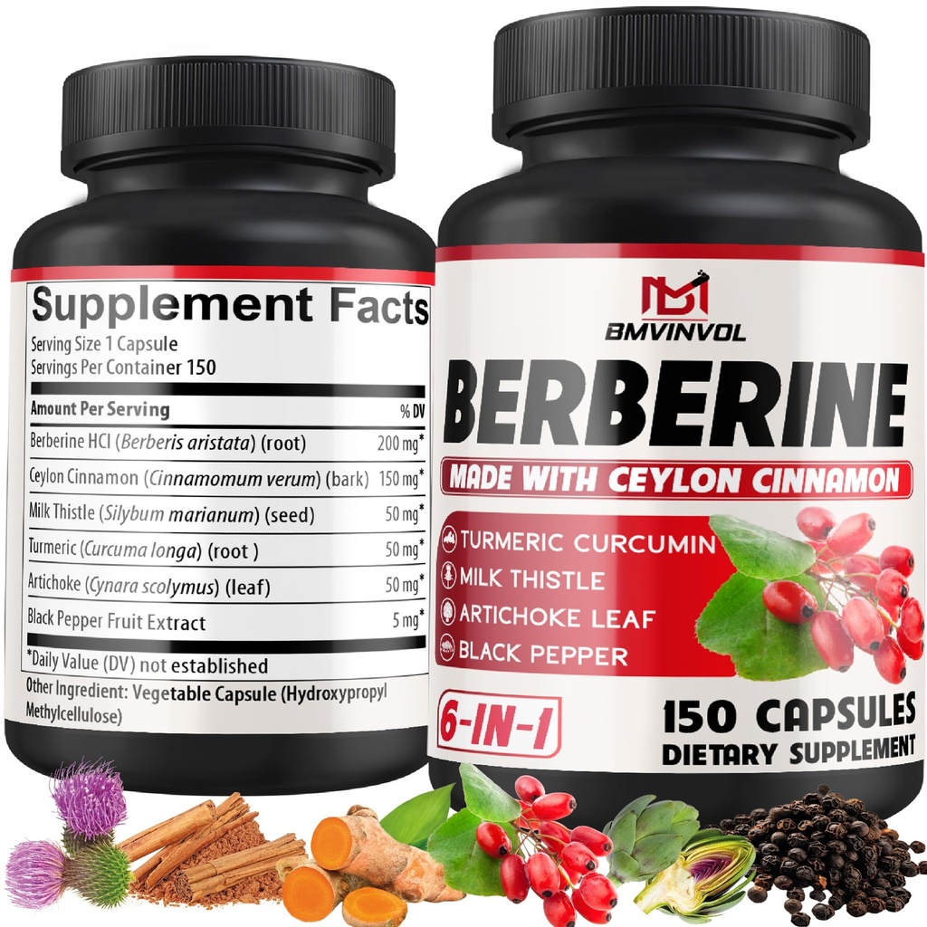 Berberine HCl, 150 Capsules - Plus Ceylon Cinnamon, Turmeric, Melk Thistle, Artichoke, Black Pepper, Berberine HCI Root Supplements piller - Immunsystem