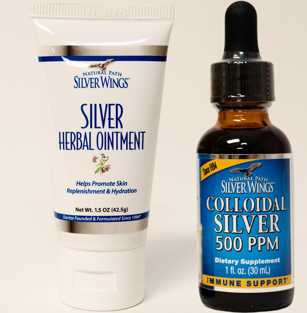 Naturlig bane sølvvinger kosttilskudd - kolloidalt sølv 500 ppm (1 oz / 30 ml) immunstøtte Plus Herbal Ointment 250 ppm (1,5 oz)