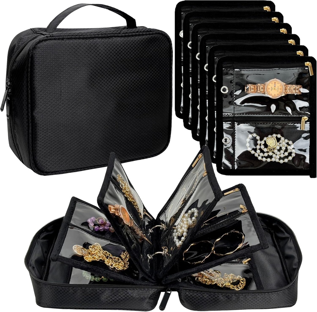 Reise smykker Organizer Case,Jewelry Vesker for reisende, Smykker Binder med 24 stk Clear Zipper Velvet Pouches for Storing øredobber, Ringer, halskjede, armbånd, Klokke (svart)