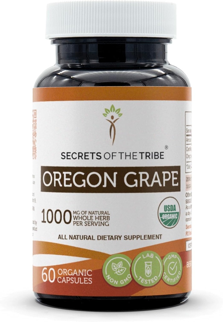 Hemmeligheter av Tribe Oregon Grape USDA Organic Capsules | Certified Organic Vegetariske kapsler, Herbal Dietary Supplement | Mahonia akifolium tørket rot (60 greve)