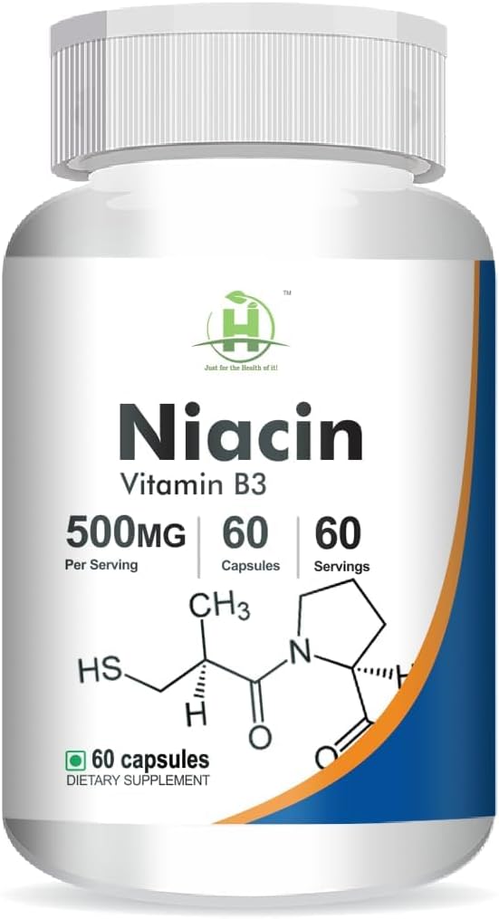 Generisk Niacin (Vitamin B3) 500mg Energinivå | Hud Helse -60 Vegetariske kapsler - Pakke med 1