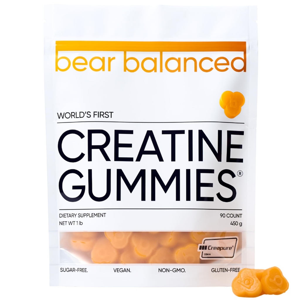 Bear Balanced Kreatin Gummies for menn og kvinner - Creapure® Kreatin Monohydrat, L-Theanine, L-tyrosin og B12 for muskelvekst, styrke, fokus, energi og helse - lav kalorie, sukkerfri, & vegan