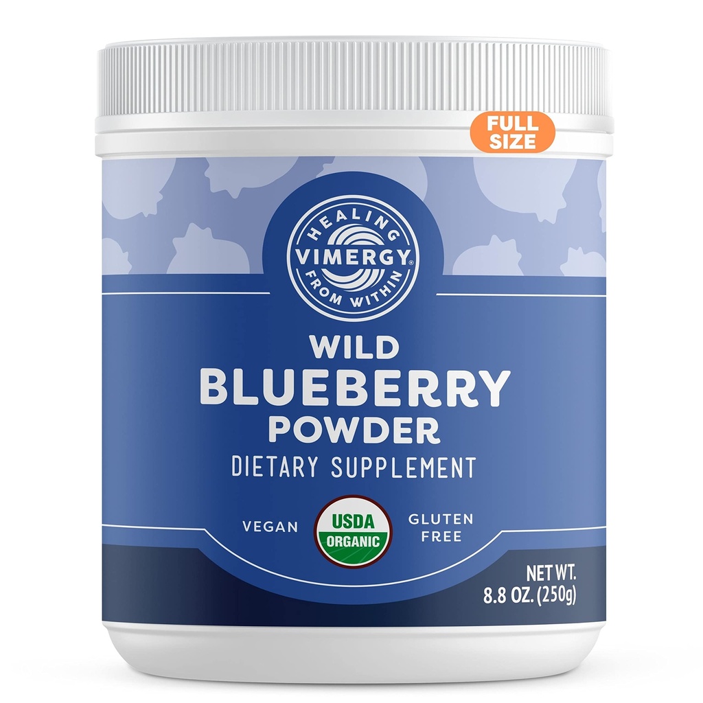 Vimergy Wild Blueberry Powder – Beskytter hjernens helse* - støtter kardiovaskulær funksjon* – Økologisk, vegansk og glutenfri – Vanlig størrelse 250g